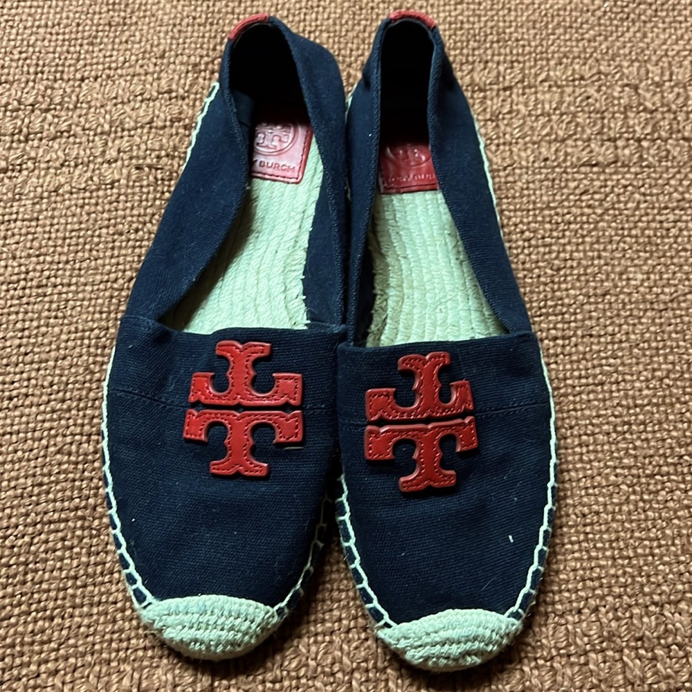 Tory Burch Navy Canvas Espadrilles with Red Logo